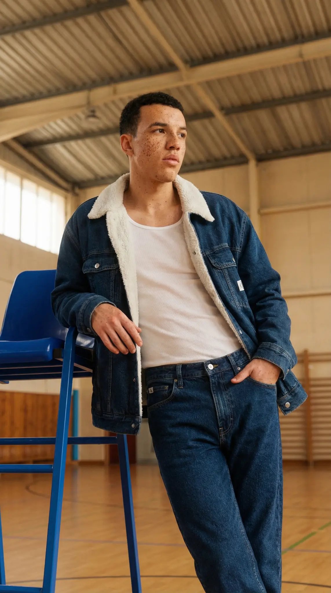 Calvin Klein casual wear photography showing model in sherpa denim jacket leaning against blue chair in athletic venue