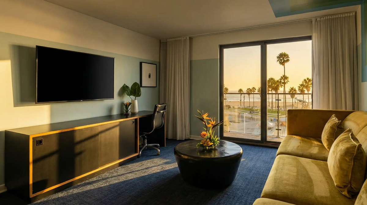 Hotel Erwin guest room interior featuring contemporary design and comfortable accommodations