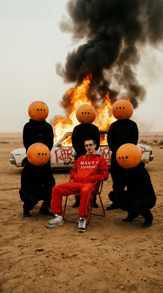 Marty Supreme fashion photography with ping pong table and orange tracksuit branding