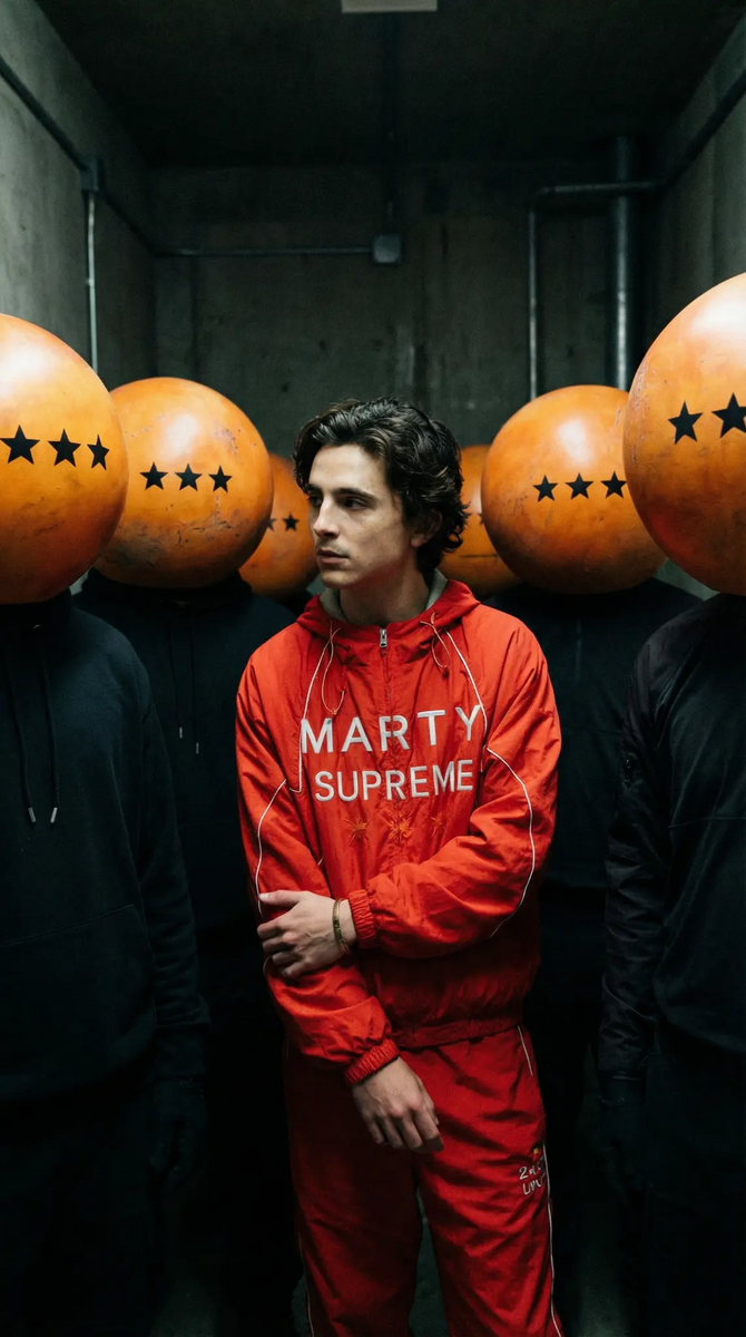 Marty Supreme orange tracksuit fashion campaign with balloons in urban Los Angeles setting