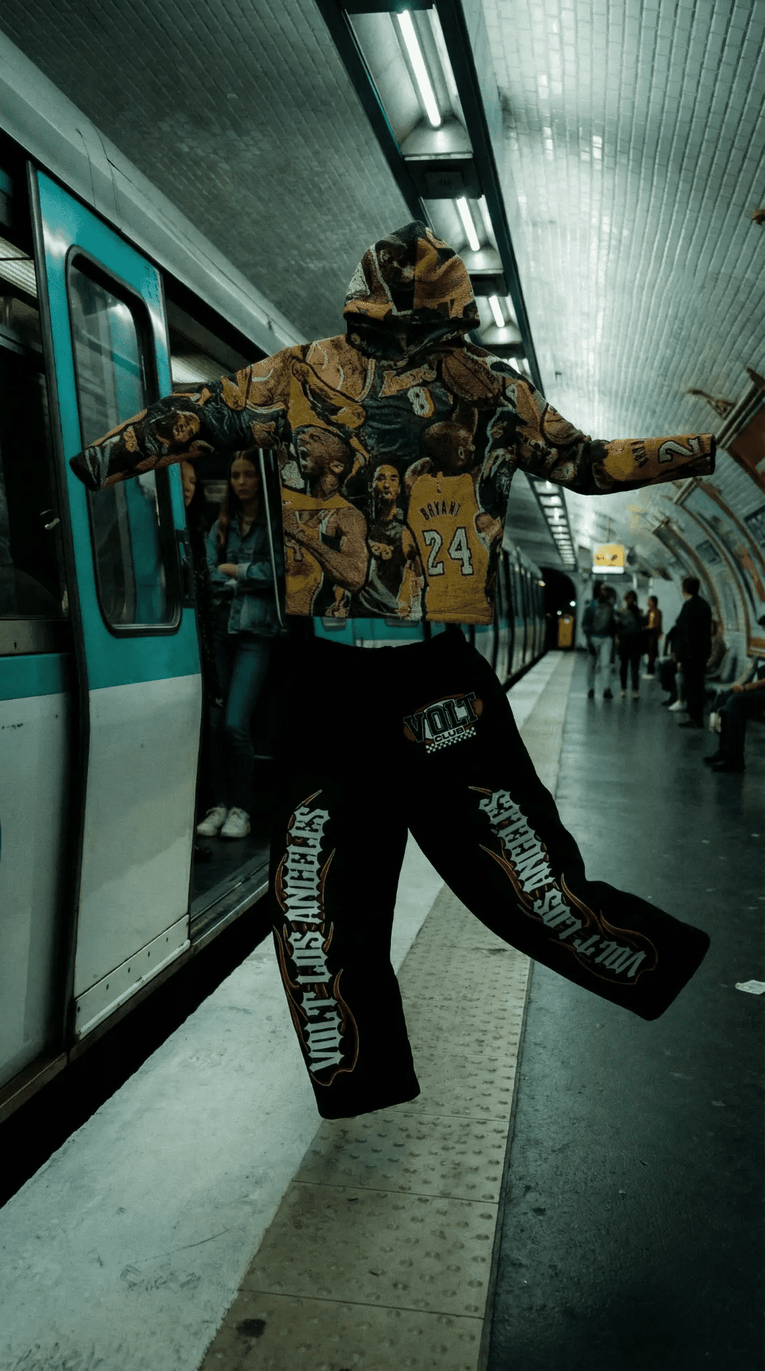 Volt LA streetwear content with model in subway train wearing Volt Los Angeles apparel